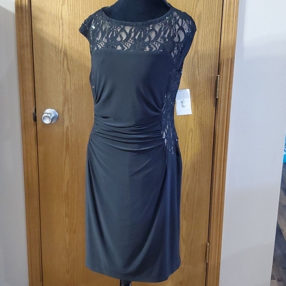 Lauren Ralph Lauren black sequined lace overlay midi stretch dress nwt